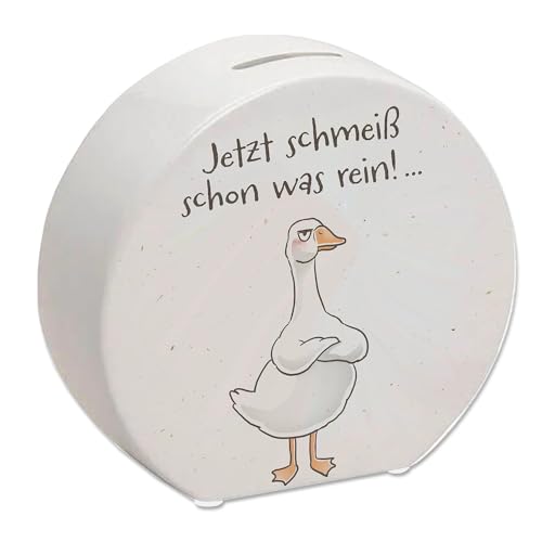 Gilbert die Gans Spardose mit Spruch Jetzt schmeiß Schon was rein EIN lustiges Sparschwein für den Schreibtisch lustige Pechvogel Sparbüchse Männer Spruch witzige Comic Motiv