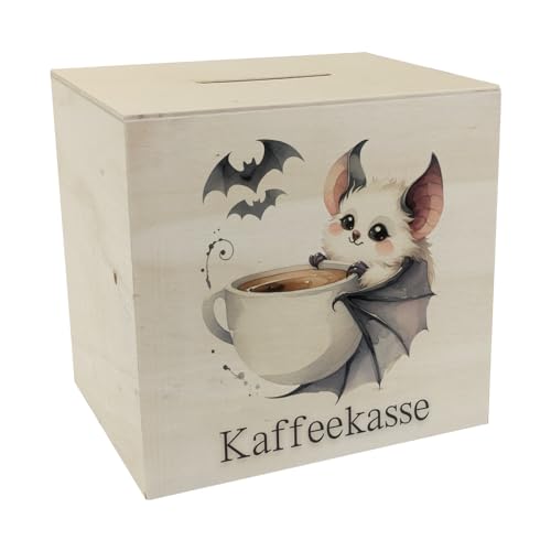 niedliche Fledermaus mit Kaffeetasse Spardose aus Holz mit Spruch Kaffeekasse niedliches fliegendes Tier mit süßen Ohren und Tasse für alle Kaffeeliebhaber