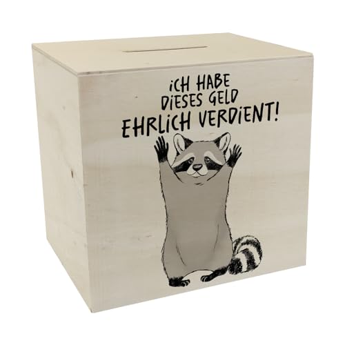 Waschbär Spardose aus Holz mit Spruch Ich Habe Dieses Geld ehrlich verdient EIN lustiges Sparschwein für Kleingeld lustige Männer Geburtstag Räuber Sparbüchse Spruch süßer Motiv