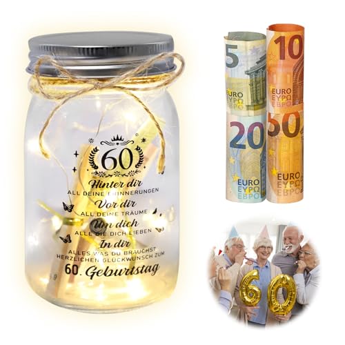 DAWRIS 60 Geburtstag Flaschenlicht Transparent LED Flaschenlicht mit Spruch Personalisiert Geschenk zum 60. Geburtstag Frau Mann Geldgeschenke Geburtstagsgeschenk Spardose Geldgeschenkgeburtstag