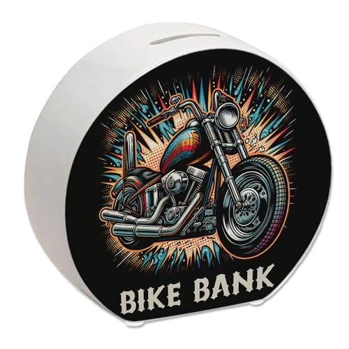 Chopper-Motorrad Spardose mit Spruch Bike Bank Glänzender Metallglanz Chrom-Auspuff Custom-Bike Highlight Sparen im Zweirad-Stil