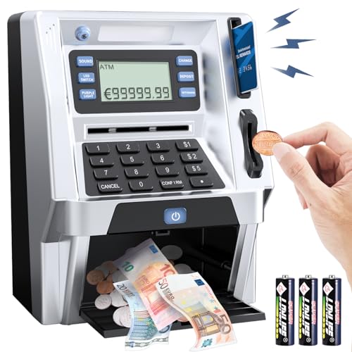 Viitech Elektronische Spardose, Mini Geldautomaten Sparschwein mit Ausschaltspeicherfunktion und Debitkarte, Kann Echtes Geld Einzahlen Sparschwein ATM Tresor Münzen Banknoten für Jungen und Mädchen