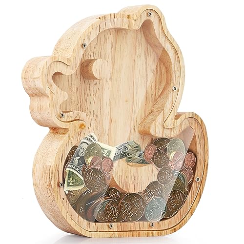 Cyiecw Spardose Kinder Jungen Mädchen Holz,Kleine Gelbe Ente Durchsichtige Piggy Bank,Baby Personalisiert Sparbüchse Groß,Tresor Sparschwein Geburtstag Geschenk Heimdekoration Keepsake Taufgeschenke