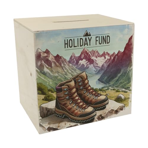 Urlaub in den Bergen Urlaubskasse Spardose aus Holz mit Spruch Holiday Fund Wanderurlaub Paar Wanderstiefel Stein Hintergrund Urlaubsgeld Alpen Berge