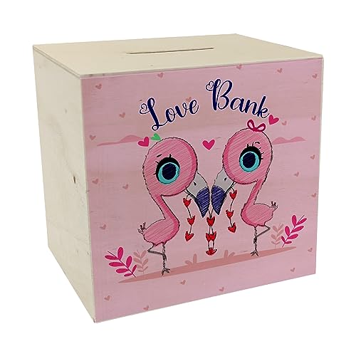 Flamingo Spardose aus Holz in rosa mit Spruch Love Bank Flamingo Pärchen Sparbüchse zum sparen für gemeinsame Ziele Sparschwein Liebe romantisch