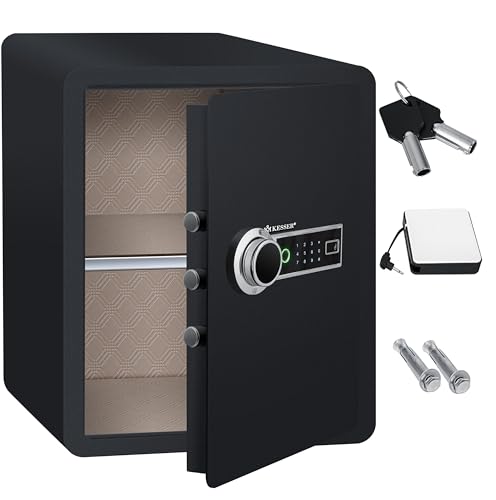 KESSER® Elektr. Tresor mit Fingerabdruck | 40x50x40cm | Inkl. Batteriebox | Elektronischer Safe 3x Doppelbolzenverriegelung | Boden Wandtresor | Möbeltresor | beleuchtung | Panzerschrank Zahlenschloss