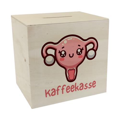 Gebärmutter Kawaii Spardose aus Holz mit Spruch Kaffeekasse Cuterus Uterus Trinkgeldkasse Geburtstation Krankenhaus Entbindung mit Gesicht süßer Uterin-Stil charmantes Geschenk