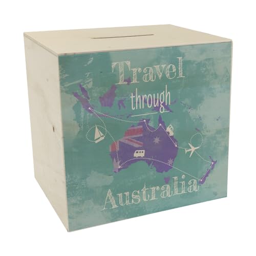 Spardose aus Holz mit Australien Karte und Spruch - travel Through Australien als Geschenk für Urlauber die durch Australien Reisen wollen und Geld für den Flug und die Unterkunft