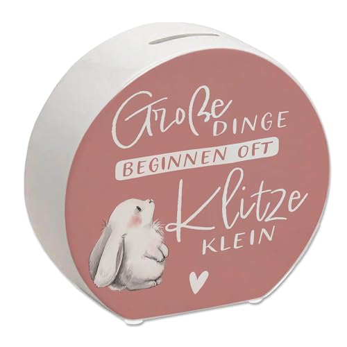 Baby Hase Spardose mit Spruch Große Dinge beginnen oft Klitzeklein Rosa Kaninchen Spardose Herz Geschenk zur Geburt Sparen fürs Baby Schwanger Taschengeld