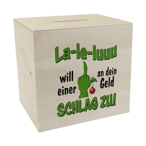 La-le-luuu Spardose aus Holz mit Spruch Will Einer an Dein Geld Schlag zu EIN buntes Sparschwein für die Weihnachtszeit Weihnachtsmuffel Mittelfinger Männer Sparbüchse zum Sparen