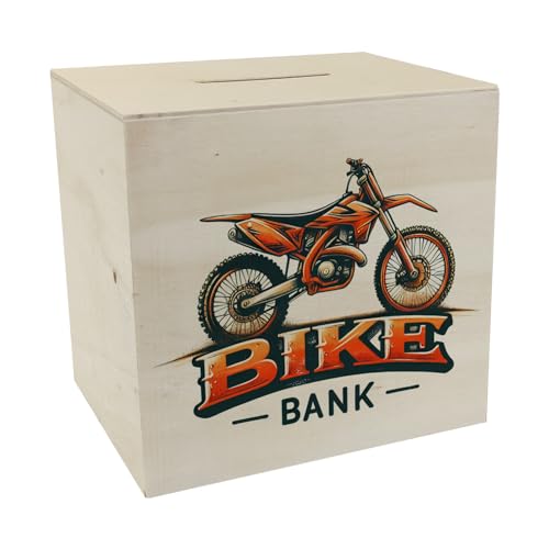 Motocross-Motorrad Spardose aus Holz mit Spruch Bike Bank Perfekte Offroad-Spardose aus Holz im Motocross-Motorrad-Design in orange-schwarz mit coolen Schriftzug darunter