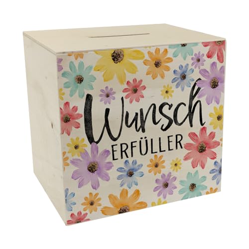 Blumen Spardose aus Holz mit Spruch Wunscherfüller Bunt Floral Positiver Freudebringer Geburtstag Wunsch-Erfüller