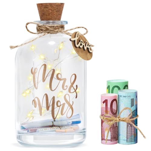 LED Flaschenlicht Hochzeit, Geldgeschenke Hochzeit Verpackung, Hochzeitskasse Spardose, Verpackung Geldgeschenk Spruch “Mr & Mrs”, Geschenkideen Geld Leuchtflasche für Brautpaar Frisch Verliebte