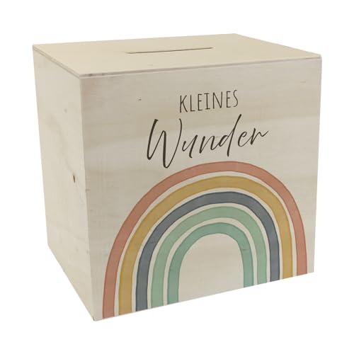 Regenbogen Spardose aus Holz mit Spruch Kleines Wunder Perfekt zur Geburt Babysachen für Junge Mädchen im Boho-Stil Mutter Baby Geschenk