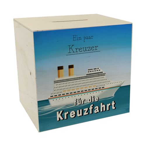 Spardose aus Holz mit Kreuzfahrtschiff und Spruch - EIN Paar Kreuzer für die Kreuzfahrt zum sparen auf eine Schiffsreise auf einem Passagierschiff über die offenen Meere zu