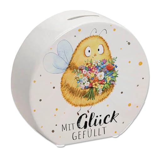 Pummel Biene Spardose mit Spruch Mit Glück gefüllt Frühlingszauber Hummel-Design Glückliche Blumen-Deko sparen Weltspartag Urlaubsgeld