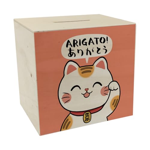 Winkekatze Spardose aus Holz mit Spruch Arigato Glückskatze als niedlicher Glücksbringer für Manga-Fans perfekte Kaffeekasse SAGT Danke und bringt Glück ins Haus