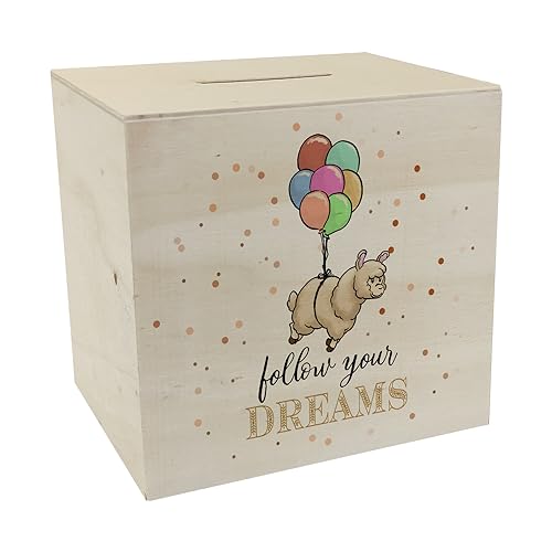 Spardose aus Holz mit niedlichem Lama-Motiv und Spruch - Follow Your Dreams eine schöne Spardose aus Holz um auf Deine größten Träume zu sparen als Geschenk für kleine Mädchen die