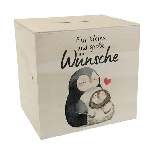 Pinguin Mutter und Kind Spardose aus Holz mit Spruch Für kleine und große Wünsche Liebevoll Sparen für Sohn Tochter Familienherz Taschengeld-Liebe