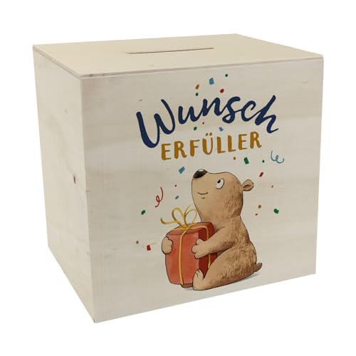 Bär mit Geschenk Spardose aus Holz mit Spruch Wunscherfüller Taschengeld sparen für deinen Traum - Geschenkwunsch-Zauber vom Teddy-Bär erfüllt deinen Wunsch