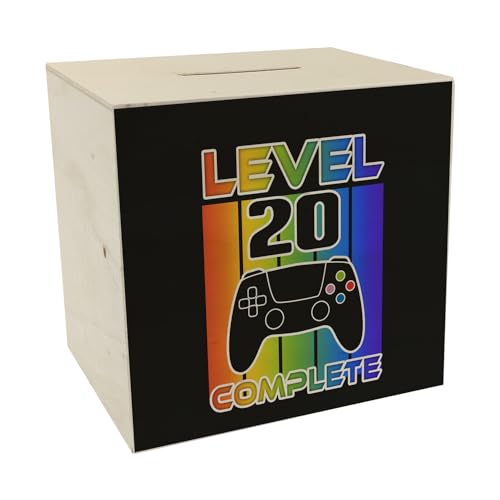 20. Geburtstag Gamer Spardose aus Holz mit Spruch Level 20 Complete Perfektes Gaming-Geschenk zum Geburtstag Zocken am PC und Konsole Überrasche Deine Gäste