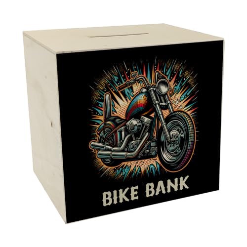 Chopper-Motorrad Spardose aus Holz mit Spruch Bike Bank Glänzender Metallglanz Chrom-Auspuff Custom-Bike Highlight Sparen im Zweirad-Stil