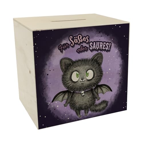 Schwarze Fledermaus-Katze Spardose aus Holz mit Spruch Für Süßes oder Saures EIN niedliches Sparschwein für Halloween Fans Katze im Fledermaus Kostüm Flauschig Sparbüchse Teenager