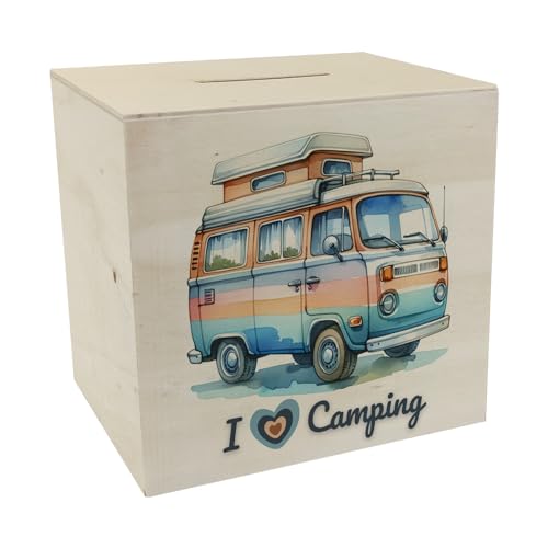 Campervan Spardose aus Holz mit Spruch I Love Camping Reisen Urlaub Perfekt für Caravan und Wohnwagen Fans Ideal für Campingplatz Geldgeschenke