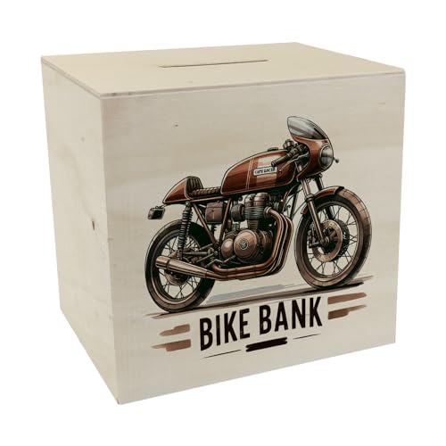 Cafe Racer Motorrad Spardose aus Holz mit Spruch Bike Bank Cafe-Racer in Braun Retro Design