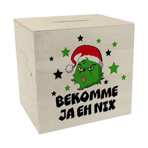 Weihnachtsmuffel Spardose aus Holz mit Spruch Bekomme ja eh nix EIN buntes Sparschwein für die Weihnachtszeit Frauen Motiv Sparbüchse Weihnachten Sterne praktisches Zunge sparen