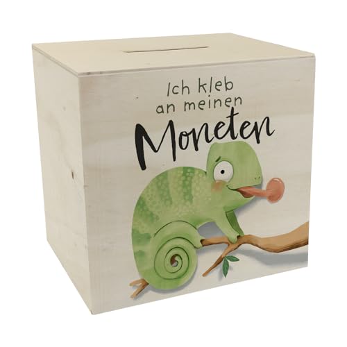 Chamäleon Spardose aus Holz mit Spruch Ich kleb an Meinen Moneten Cartoon witziger Sparfuchs Geizhals sparen Geizkragen Accessoire