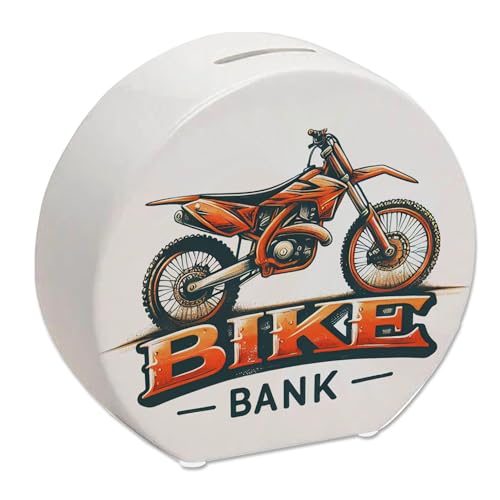 Motocross-Motorrad Spardose mit Spruch Bike Bank Perfekte Offroad-Spardose im Motocross-Motorrad-Design in orange-schwarz mit coolen Schriftzug darunter