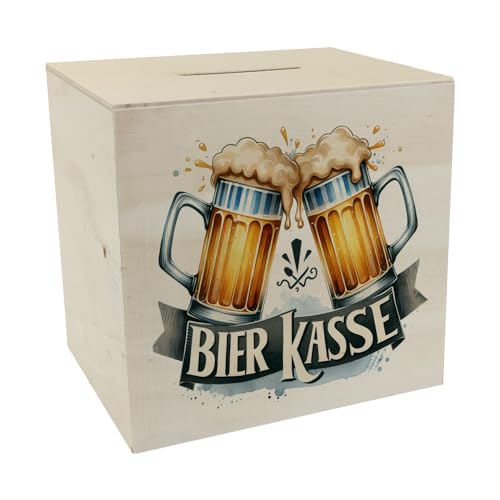 Bier Spardose aus Holz mit Spruch Bier Kasse Bierkrüge anstoßend mit lustigem Schriftzug Bier Kasse - Originelle Spardose aus Holz für Bierliebhaber perfekt für jedes Getränk